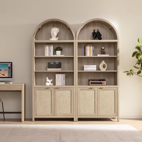 Image of SICOTAS 84.2 inch Tall Arched Bookcase with Doors - 5 Tier Rattan Bookshelf