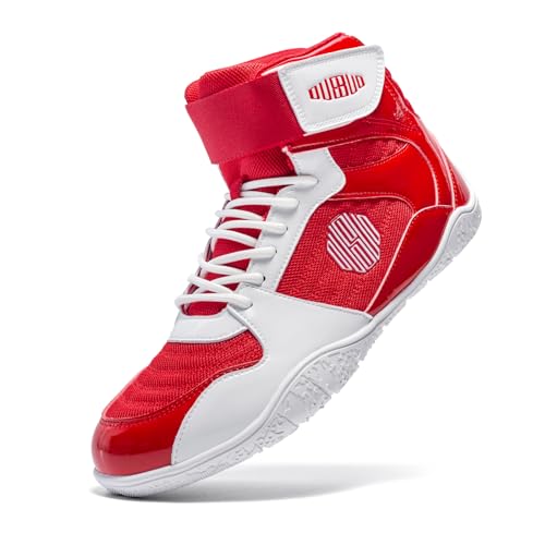 OUSUO Men's Wrestling Shoes Boxing Shoes Weightlifting Sneaker Boots High Top Sneakers for Fighters White&Red 9.5