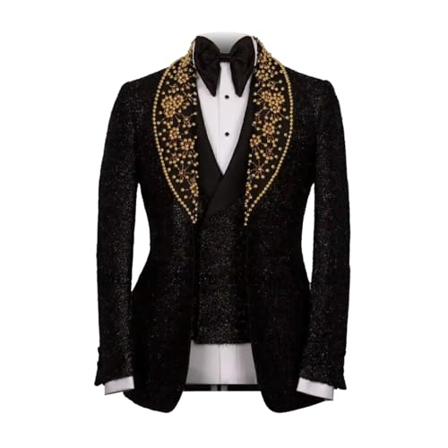 Men's Black 3-Piece Tuxedo Suit with Gold Rhinestone Shawl Lapel, Single Breasted, One Button2