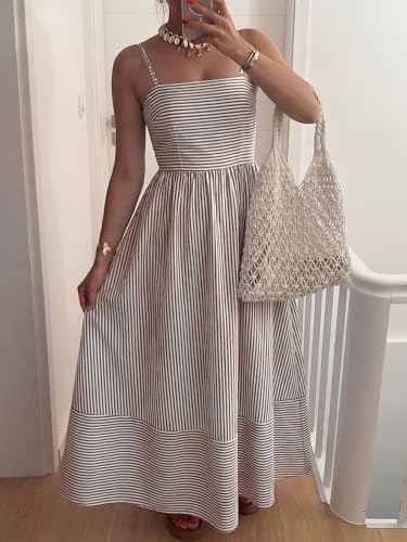 Image of Caracilia Womens Maxi Dresses Gingham Spaghetti Strap Back Smocked Flowy Long Sundress Summer Beach Vacation Clothes 2026