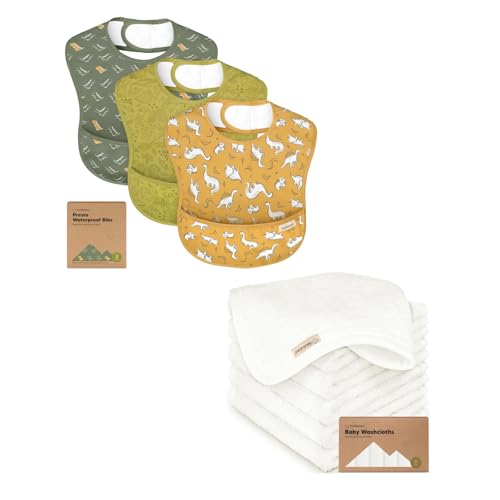 KeaBabies 3-Pack Waterproof Baby Bibs for Eating and Baby Washcloths for Newborn - Lightweight Infant Bib with Food Catcher - Kids Bath Towels, Face Towel
