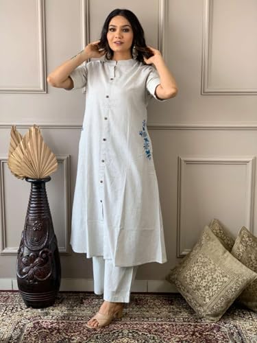 Image of Women's Cotton Embroiderd Long A-Line Kurti with Palazzo