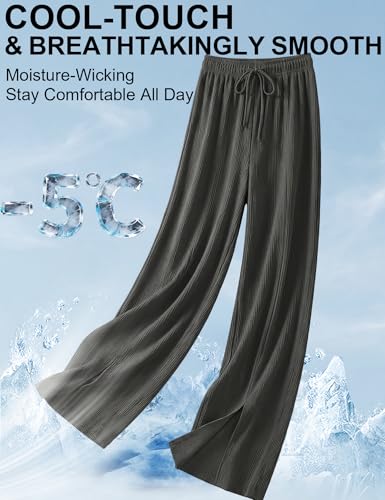 Image of Venzina Track Pants for Women Joggers Pants for Women Cool Touch High Waisted Wide Leg Summer Palazzo Pants with Side Slit Slimming Breathable for Yoga Workout Travel