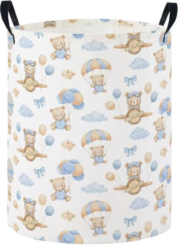 Image of Baby Laundry Basket Baby Nursery Hamper Kids Laundry Basket Toy Storage Bin for Boys Room Decor Gift Baskets for Bedroom Bathroom(Bear Pilot)
