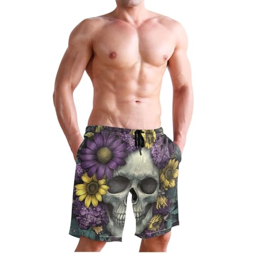 Custom Sugar Skull Purple Yellow Flower Mens Swim Trunks Quick Dry Beach Shorts with Pocket S 202c07744