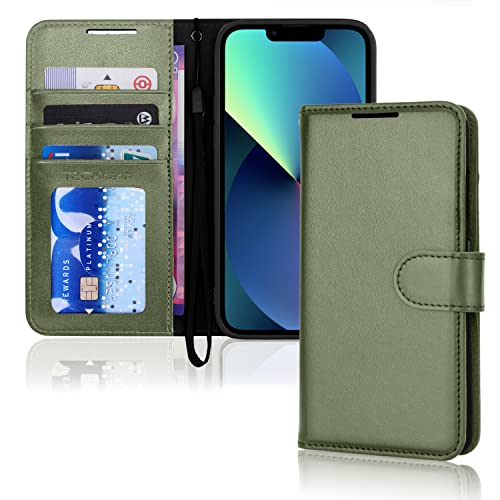 TECHGEAR Funda tipo cartera de piel para iPhone 13, funda protectora con tarjetero tipo cartera, soporte y correa de muñeca, piel sintética verde con cierre magnético para iPhone 13 de 6.1 pulgadas