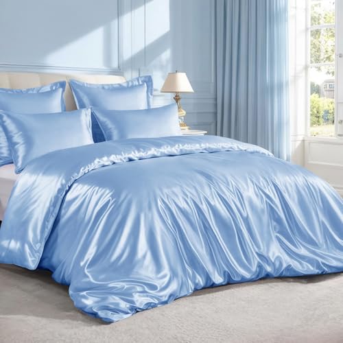 RUIKASI Satin Bettwäsche 220x240 Blau - Seidig Bettbezug mit Glanz wie Seiden Bettwäsche Set Hellblau für Haar und Haut… – Ansicht 2