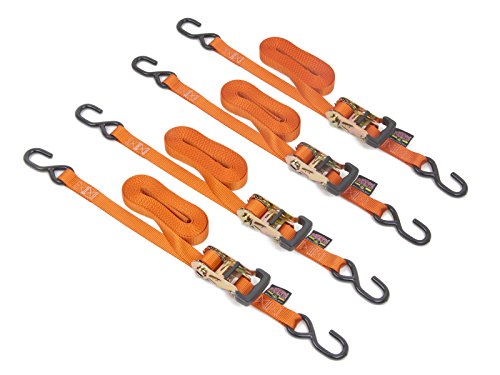 Powertye 1in x 15ft Rubber Handle Yellow-Zinc Ratchet Straps with 4in S-Hooks - 500 lb. Working Load Limit / 1,500 lb. Breaking Strength - Made in USA - Orange (4-Pack)