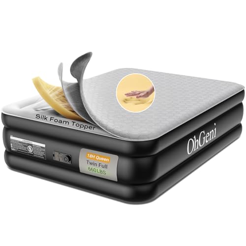 OhGeni 18' Luxury Air Mattress Queen with Built-in Pump, Silk Foam Topper Inflatable Bed for...