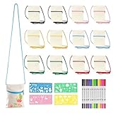 Stoffbeutel zum Bemalen, 12 Stück Klein Stoffbeutel mit Reißverschluss, 17x12,5cm Brustbeutel Unbedruckt, Bunte Brustbeutel mit 12 Farbe Stiften und 4 Malschablonen, Taschen Bemalen, für Schule