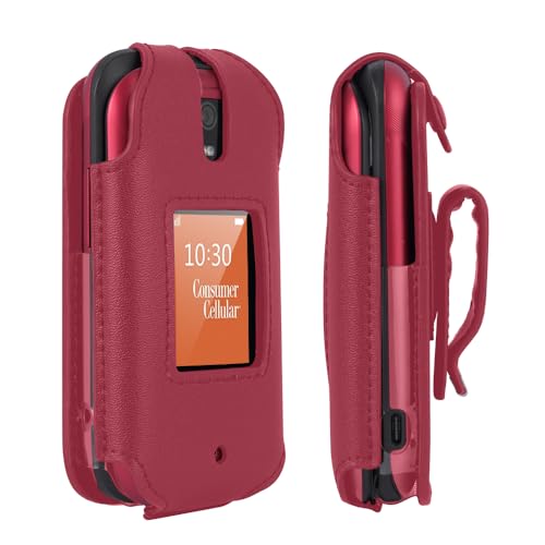 BELTRON Leather Case for Consumer Cellular Iris Flip Phone (2023) - Features: Secure Fit, Rotating Belt Clip, Screen & Keypad Protection (SH3320) - Red