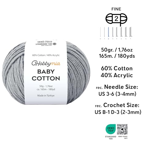 Image of Baby Cotton Blend Yarn - Soft Sport Weight Yarn for Crochet & Amigurumi - 50g /180yds - 60% Cotton 40% Acrylic - Ideal for Baby & Knitting Proj.(Gray, 1 Ball)