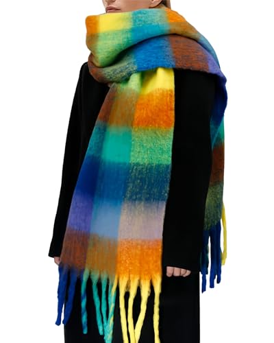 BLATIAL Womens Scarf Winter Big Colorful Checked Thick Warm Soft Scarves Casual Tassel Blanket Scarf,A-Colorful Design