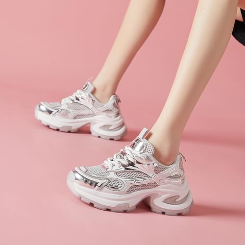 Retro Leather Dad Shoes for Women, Lightweight Comfortable Casual Sneakers with Adjustable Lace-Up, 6CM Thick Sole Breathable Gym Shoes for Walking Shopping Travel4