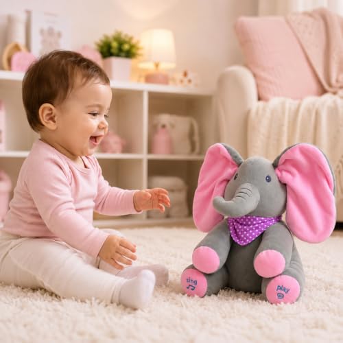 Image of Peekaboo Musical Elephant Toy for Baby Boys & Girls | Interactive Singing Plush Elephant with Moving Flapping Ears | Soft Stuffed Animal | Peekaboo Elephant Toy for Infants 3-12 Months & 1 Year Kids