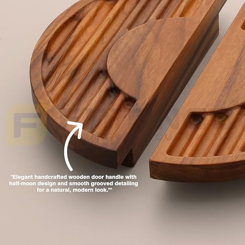 Image of Crescent Groove Half Moon Teak Wood Handle /Main Door Handle /Pull Push Handle for Door /Wardrobe Handle /Complete Set of 1 (Left & Right) 8 * 4 Inch-| 3 Years Warranty |
