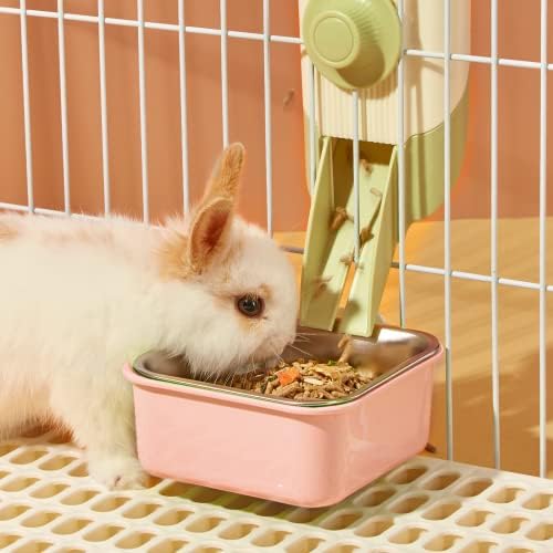 Pet Hanging Bowl for Crates, 2 in 1 Small Dog Bowl Puppy Bowl Removable Stainless Rabbit Bowl Cat Feeder Food Water Bowls for Puppy Cat Bird Rabbit Hamster Guinea Pig Ferret Small Animals (Pink)