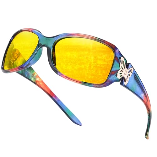 LVIOE Polarized Night Vision Glasses for Women, Yellow Tinted Glasses with Butterfly Decoration for Night Driving