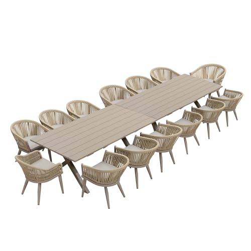Image of PURPLE LEAF 16 Pieces Outdoor Dining Set with Patio Aluminium Rectangular Dining Table and Wicker Chairs Modern Furniture Cushions Sets for Backyard Indoor Decor Kitchen Champagne