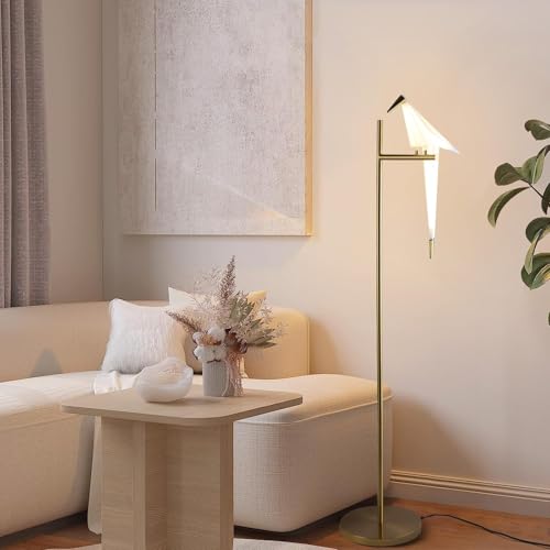 HvKvHvY Moderne Gold Papier Kran Swing Vogel Led Stehlampe Wohnzimmer 4000K Neutrales Licht Acryl Lampenschirm Metall Basis LED Stehlampe F&uuml;R Wohnzimmer Schlafzimmer B&uuml;Ro Studie Lesen, 1 Kopf