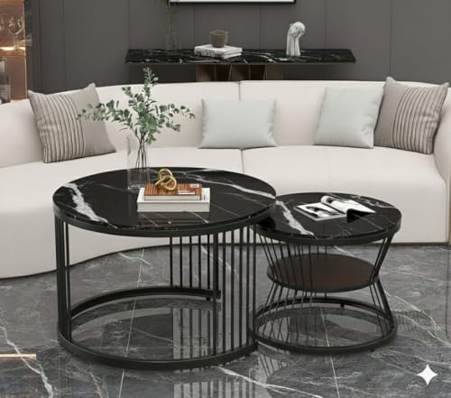 Image of Roldo Modern Nesting Coffee Table Set of 2 for Living Room, Round Coffee & Side Table with Metal Frame and Marble Finish MDF Top, Center Table for Sofa, Home Decor Office & Apartment (Black)