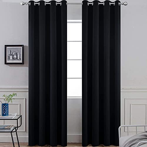 Yakamok Blackout Curtains Room Darkening Thermal Insulated Window Panels,Solid Grommet Top Drapes for Bedroom/Living Room(52Wx90L, Black, 2 Panels)