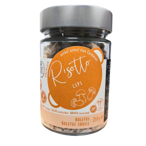 Risotto con Boletus - Arroz Carnaroli Premium 210 Gr - Bote de Cristal con Instrucciones - Vegano, Sin Gluten y Lactosa, Para 2/3 Comensales