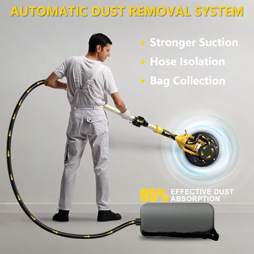 Image of 1250W Drywall Sander, 11.5A Electric Drywall Sander with Vacuum Dust Collection, 5 Variable Speed 800-1800RPM, Popcorn Ceiling Removal Tool with Extendable Handle, LED Light, 18pcs Sanding Discs