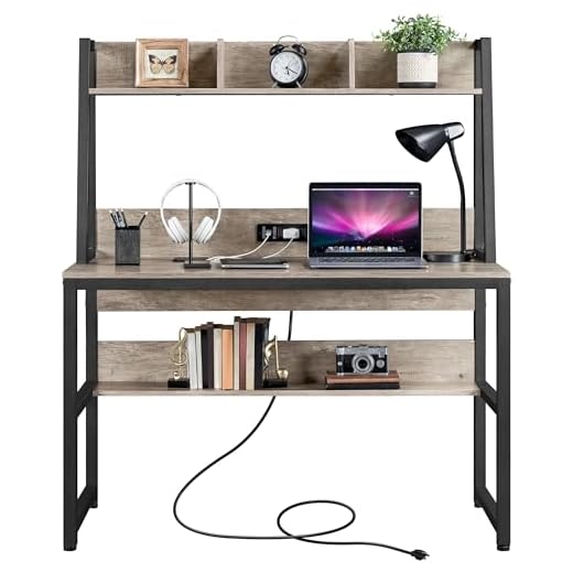 Yaheetech Home Office 47 Inch Writing Desk with Power Outlets and 2 USB Charging Ports for Studying, Gaming Table Computer Desk with Hutch and Bookshelf, Metal Frame Workstation for Office, Gray