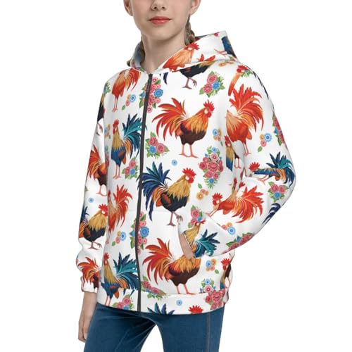 Roosters and Flowers Kids Pullover Hoodies Boys Zip Up Sweatshirts Girls Athletic Clothes with Pocket