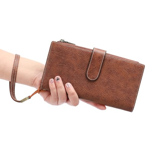 Image of GOIACII Large Wallet for Women Leather Wristlet Brown | RFID Blocking, Multi-card Slots, Detachable Wrist Strap, Trifold Clutch Purse