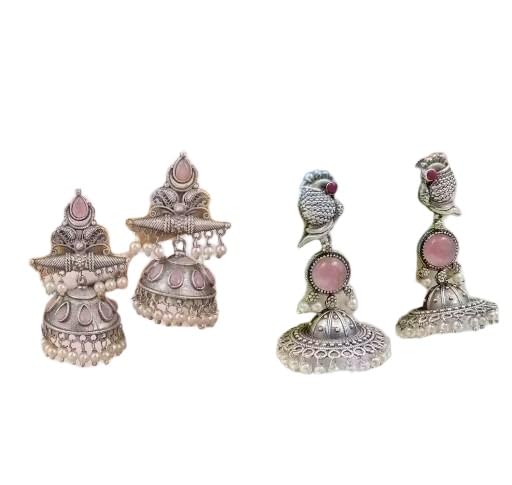 Antique Silver Oxidized Jhumka Earrings Combo Pack Featuring Intricately Designed Dome-Shaped Jhumkas with Pearl Drops and Exquisite Peacock Design Jhumkas SAGM515-image-46