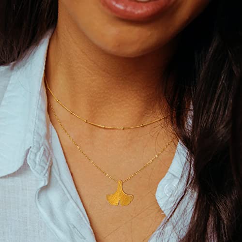 Ykkzart Gold Necklace For Women 14K Gold Plated Ginkgo Leaf Necklaces Layered Choker Handmade Engraved Pendant Plant Foliage Necklaces Gift For Teen Girls #TOP1