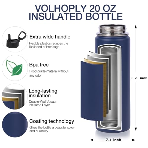 Volhoply 20oz Insulated Stainless Steel Water Bottle With Straw Lid Bulk 8 Pack,Kids Double Wall Vacuum Cups With Handle,Reusable Outdoor Sports Metal Bottles,Travel Flask Keep Cold&Hot(Navy,8) - Image 6