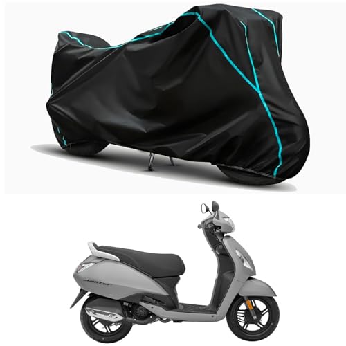 Image of Waterproof Bike Body Cover Compatible for | TVS Jupiter 125 Disc | Taffeta Fabric, Sky Piping Design, Bottom Elastic Fit | Dustproof, Sun UV & Rain Protection for All Weather.