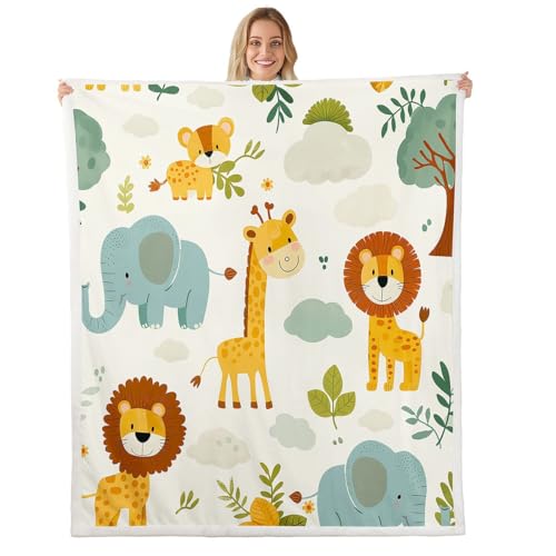 Feelyou Jungle Animal Sherpa Throw Blanket for Couch Lion Super Soft Cozy Fleece Elephant Blanket for Winter, Plush Throw Cute Giraffe Queen 90"x90" Zebra African Safari Animal All Season
