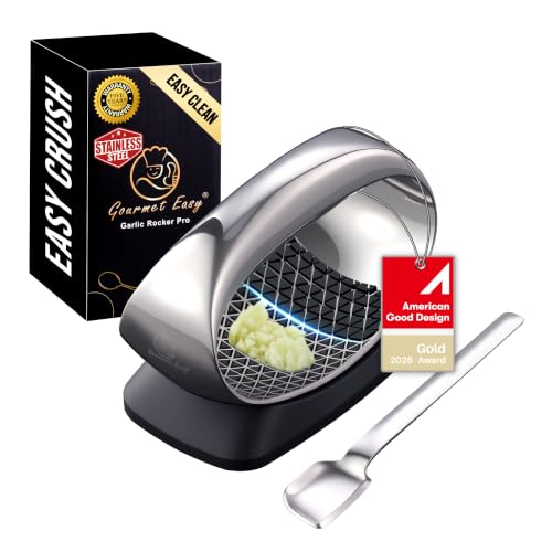 Gourmet Easy Stainless Steel Garlic Press Rocker with Eject Base & Scraper