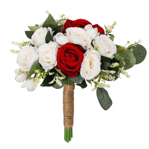 Bouquets de mariage pour mariée, bouquets de roses blanches rouges et bleues pour mariée, bouquet de fleurs artificielles pour mariage, bouquet de demoiselle d'honneur avec corde de jute,