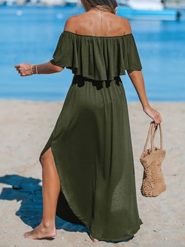 CUPSHE Women's Knit Ruffle Maxi Cover Up Dress Off Shoulder Split Hem Summer Dresses Cover Ups with Pockets2