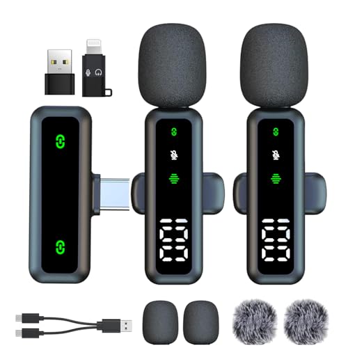 XIXIXIAXIA Micrófono Lavalier inalámbrico con Pantalla LED, micrófonos Lavalier con Clip con reducción de Ruido, para grabación de Video, Tiktok, Youtube, Vlog Podcast Content Creator (Negro)