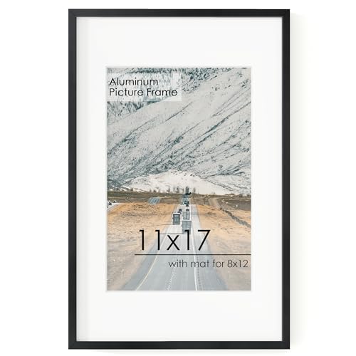FLYJOE 11x17 Metal Picture Frame for Wall With Mat for 8x12, 11''x17'' Aluminum Photo Frames With Tempered Glass for Home Decor, Minimalist Modern Poster Frame Horizontal And Vertical Formats, Black