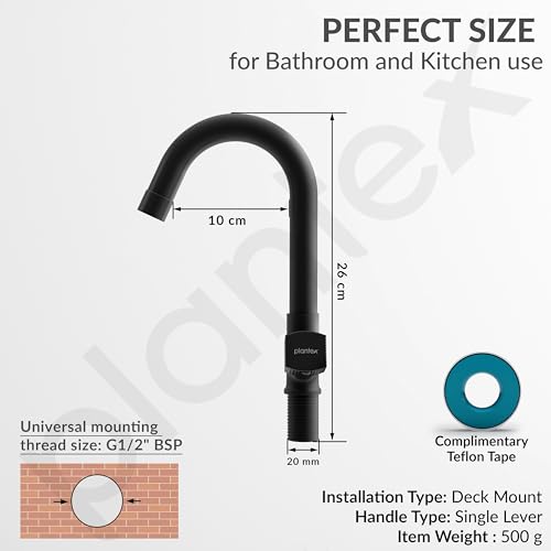 Image of Plantex Swan Neck for Bathroom with Brass Spindle /Pillar Cock Water Tap /Table Top Basin Tap with Teflon Tape - Pack of 1 (Black)