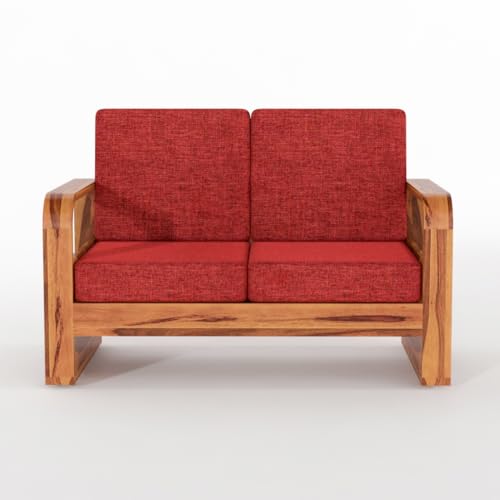 Image of Solid Sheesham Wooden 2 Seater Sofa for Living Room | Sofa with Side Pocket Storage & Cushion | Rosewood Sofa Set for Home & Office (Honey with Red Cushion, 2 Seater)