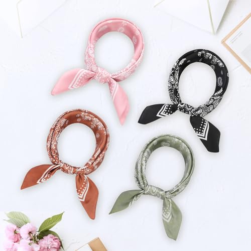 Image of Fishinsea 4 Pcs 27.5'' x 27.5'' Satin Silk Head Scarf Hair Scarves Large Bandanas Neck Scarf for Women Girls