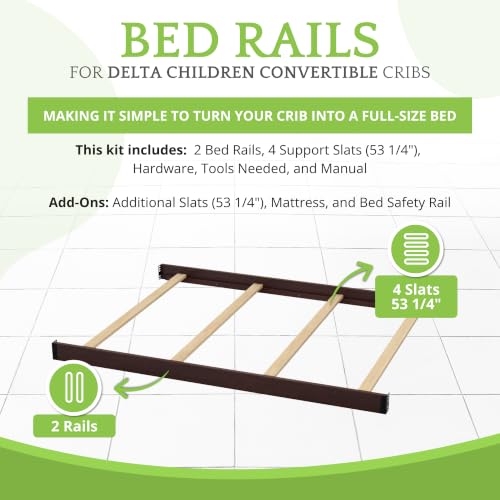 Image of Full-Size Conversion Kit Bed Rails Compatible with Delta Children Convertible Cribs - Solid Wood Rail #0050 - Toddler and Adult Bed Rail for Full-Size Beds - Baby Furniture (Black Espresso - 907)