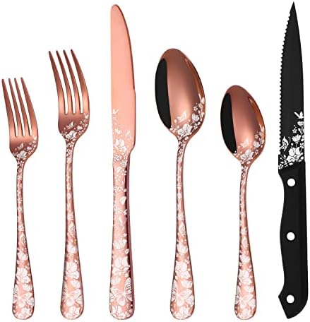 Stapava 48-Piece Copper Silverware Set with Steak Knives for 8, Stainless Steel Rose Gold Flatware Cutlery Set, Mirror Eating Utensils Tableware with Butterfly Flower Laser, Dishwasher Safe