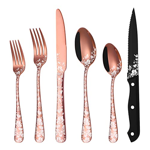 Stapava 48-Piece Copper Silverware Set With Steak Knives For 8, Stainless Steel Rose Gold Flatware Cutlery Set, Mirror Eating Utensils Tableware With Butterfly Flower Laser, Dishwasher Safe #TOP6