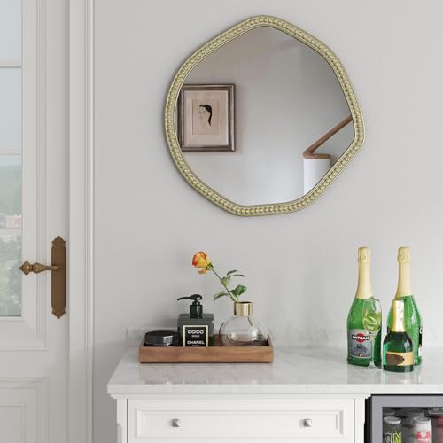 Tiuposr 32x32 inch Gold Irregular Wall Mirror, Asymmetrical Abstract Design with Wood Frame for Bathroom, Bedroom, Living Room and Nursery Decor - Vertical/Horizontal Hanging