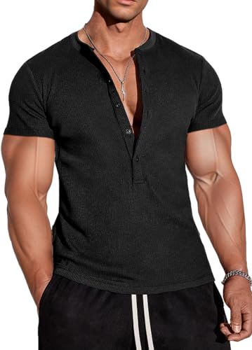 MuscleCmdr-US Muscle Cmdr Men's Waffle Henley Shirts Long Sleeve T-Shirt Stylish Casual 5 Button Placket Slim Fit Tee Thermal Underwear