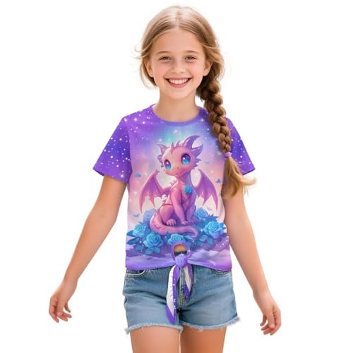 WELLFLYHOM Girls Shirts 5-12 Summer Short Sleeve Tops Tee Front Knot Basic Tshirt Crewneck Girls Blouse